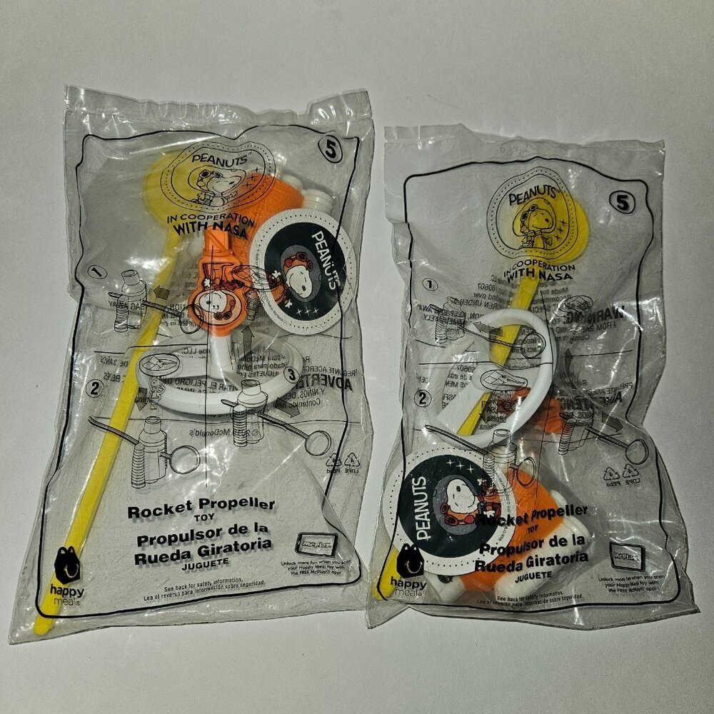 2 Peanuts Snoopy NASA Rocket Propeller Toy Lot DUPLICATES McDonalds Happy SEALED